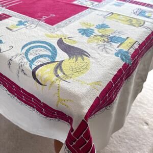 Vintage Cotton Rooster Tablecloth Retro BBQ Fruit Cactus Brick Wall Border 1950s